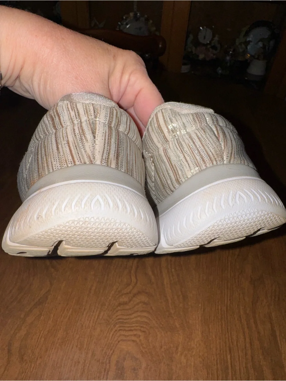 Skechers Women's Slip-On Athletic Sneakers in Beige and White Stripe